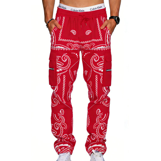 Herren Cargo-Hose mit Bandana-Print, elastischem Bund und Zipper-Taschen EB