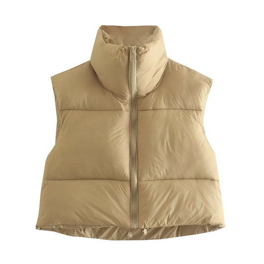 Damen cropped Daunenweste mit hohem Kragen und praktischen Taschen EB