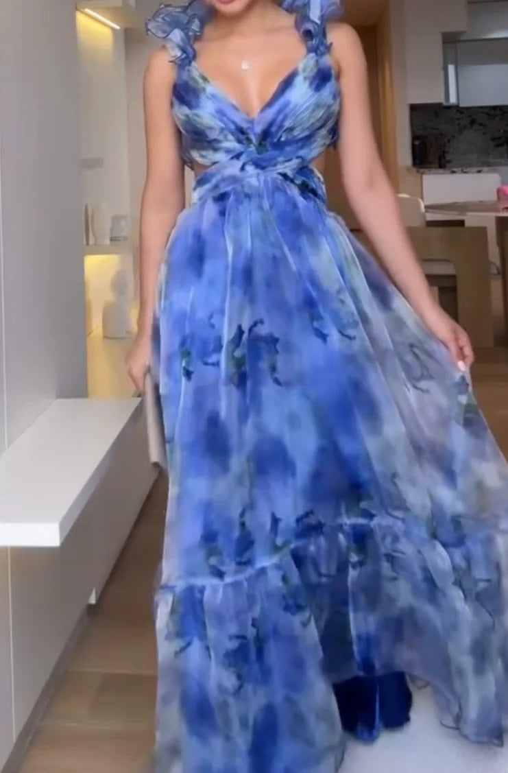Damen Maxi-Kleid mit floralen Rüschen und schwingendem Design EB