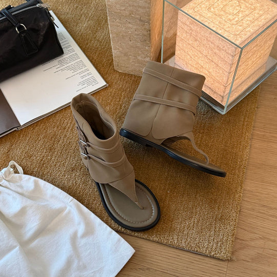 Damen Modische Zehentrenner-Sandalen mit innovativem Riemendesign und rutschfester Sohle EB
