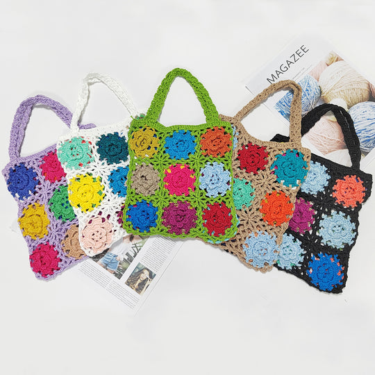 Damen gehäkelte Handtasche mit buntem Blumenmuster EB