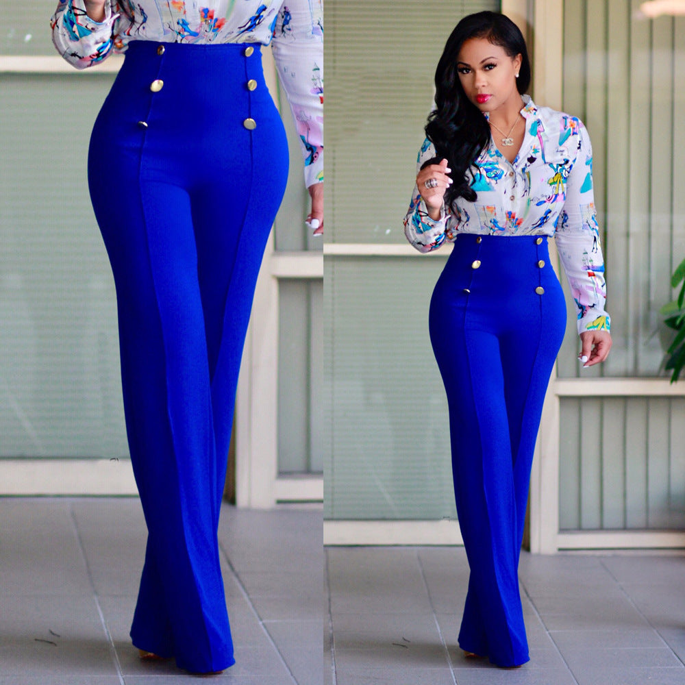 Damen hochtaillierte Palazzo-Hose mit dekorativen Knopfdetails EB