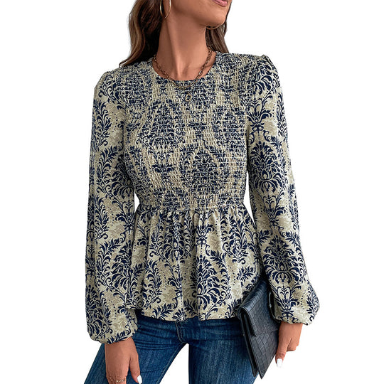 Damen Elegante Bluse mit raffiniertem Floral-Design und Puffärmeln EB
