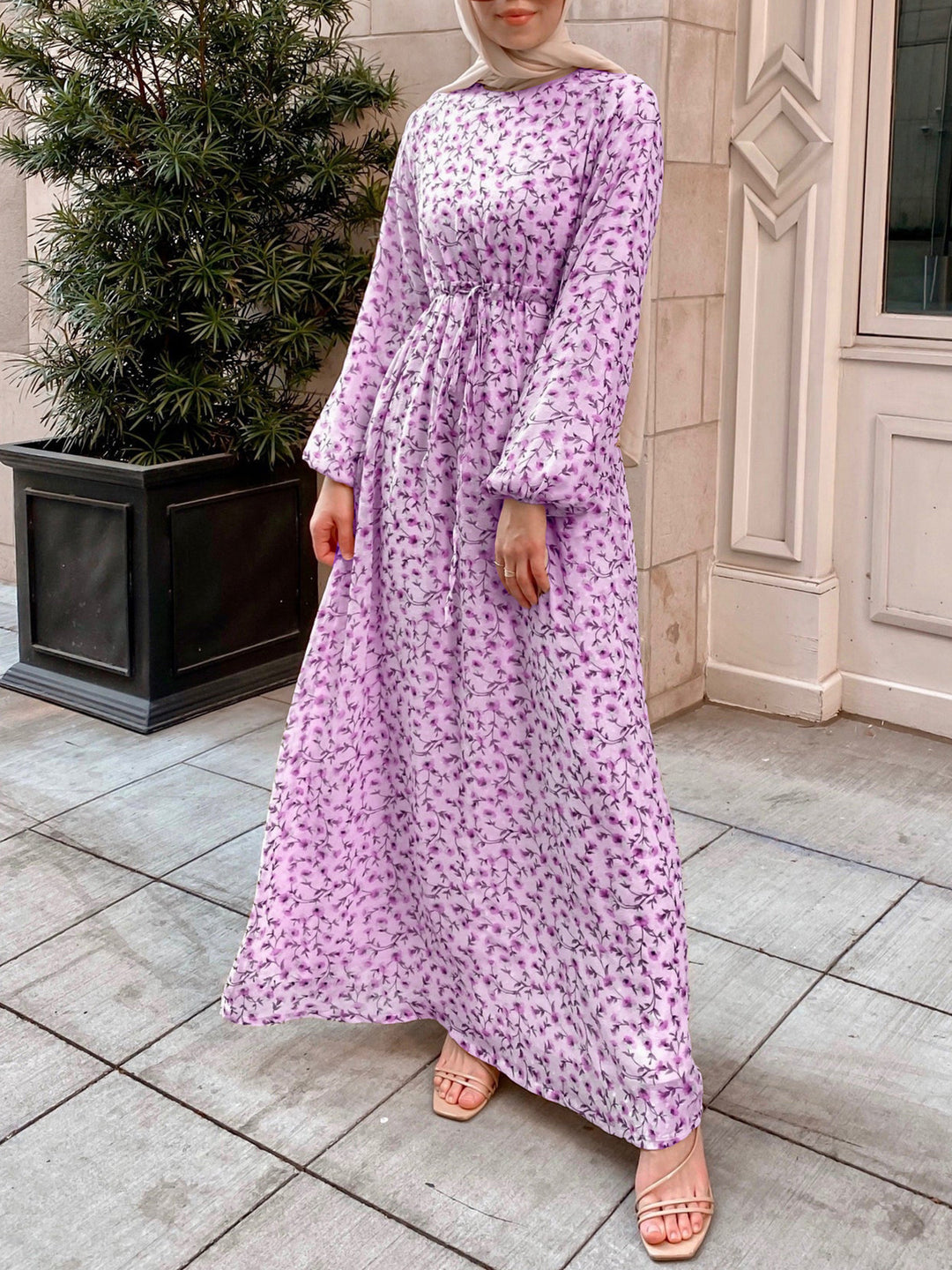 Damen Geblümtes Maxikleid mit Kordel-Taille und Ballonärmeln EB