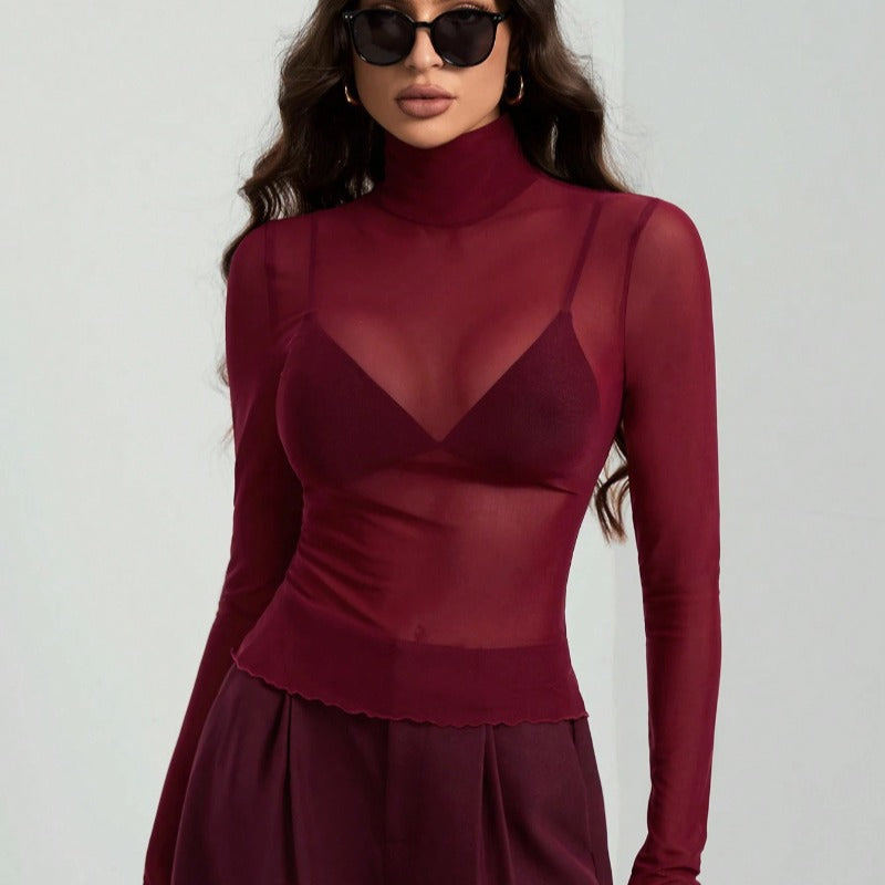 Damen Elegantes langärmliges transparentes Oberteil mit hohem Kragen EB