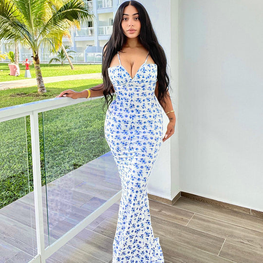 Damen florales Maxikleid mit verstellbaren Trägern und Schnürung EB