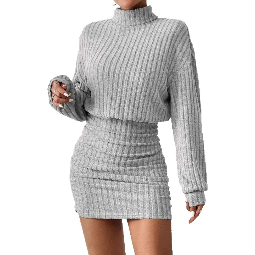 Damen Strickkleid mit hohem Kragen und Rippstruktur EB