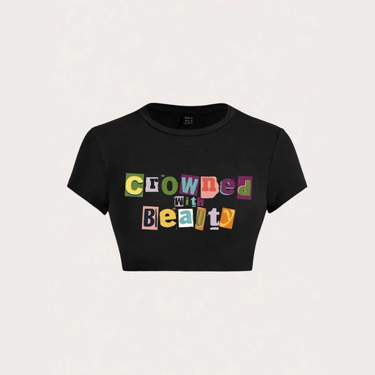 Damen Crop-T-Shirt mit kreativem unvergesslichem Statement EB