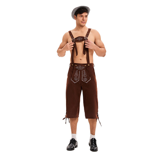 Herren nan knielange traditionelle Lederhose mit besticktem Brustlatz und verstellbaren Trägern EB