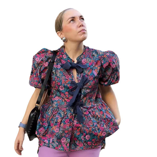 Damen Bluse mit voluminösen Ärmeln und floralen Mustern EB