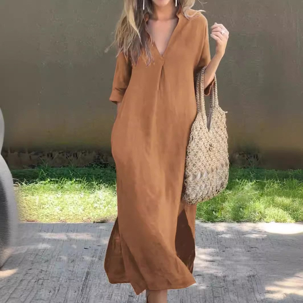 Damen lässiges Maxi-Kleid mit V-Ausschnitt EB