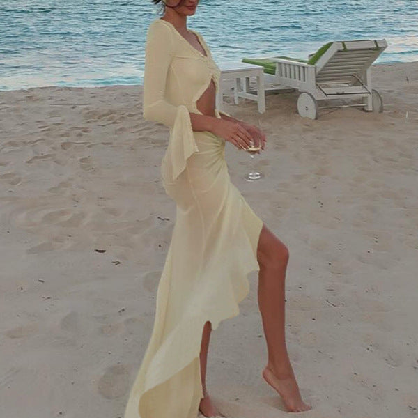 Damen Maxikleid mit raffinierten Rüschen und innovativem Cut-Out-Design EB