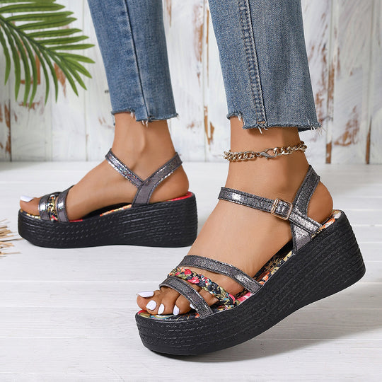 Damen Wedge-Sandalen mit floralem Innenfutter und elegantem Metallic-Akzent EB