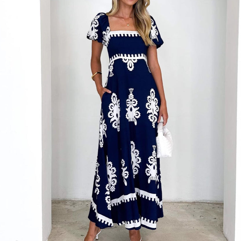Damen Maxikleid mit elegantem quadratischen Ausschnitt und verspielten Puffärmeln EB