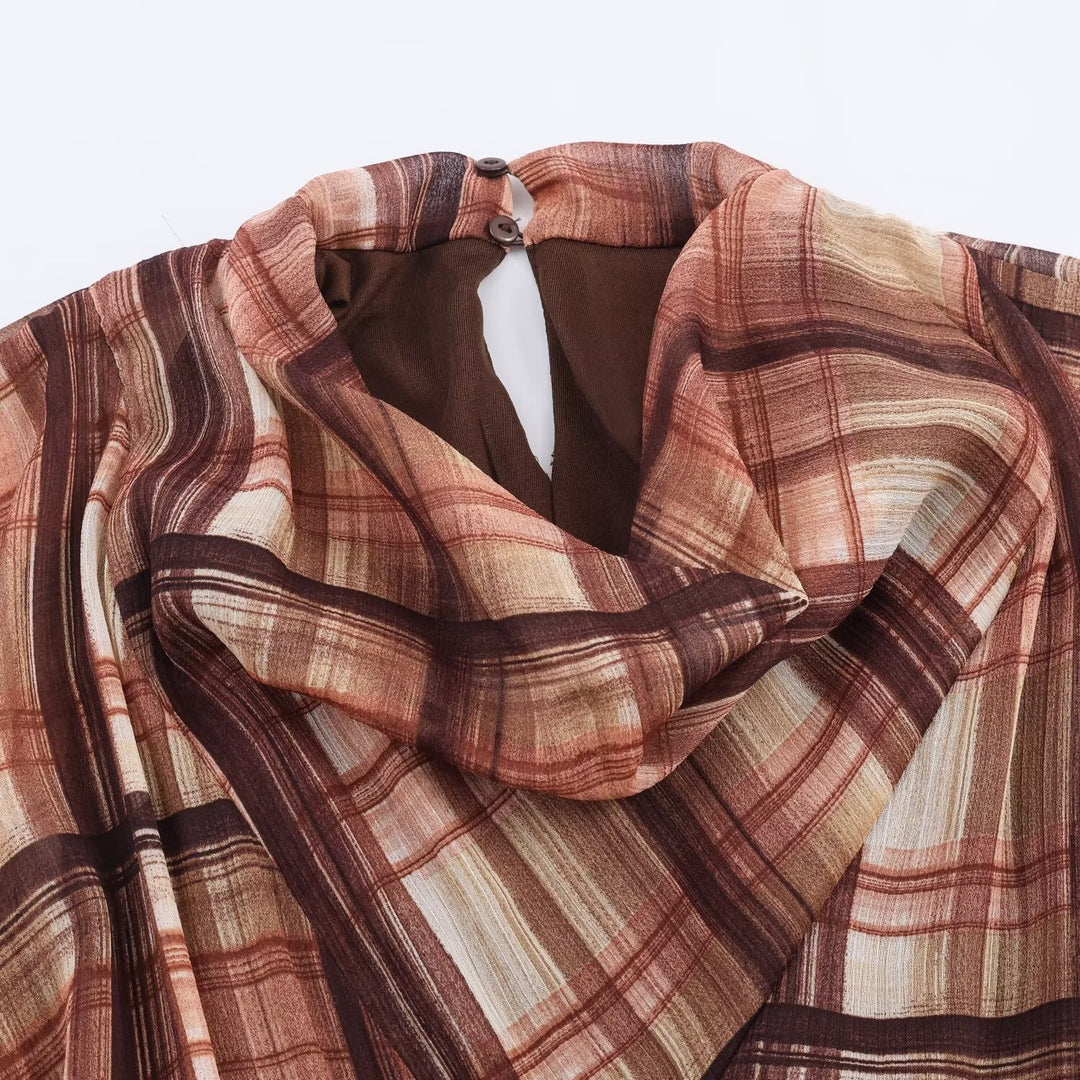 Damen Langarm Kleid im karierten Design mit asymmetrischem Saum und Bindegürtel EB