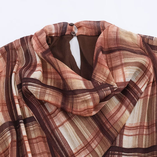 Damen Langarm Kleid im karierten Design mit asymmetrischem Saum und Bindegürtel EB