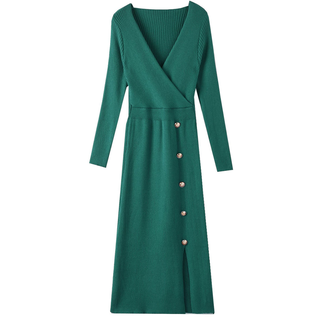 Damen Strickkleid mit Wickeloptik und Knopfdetails EB