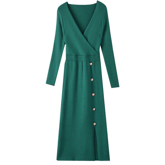 Damen Strickkleid mit Wickeloptik und Knopfdetails EB