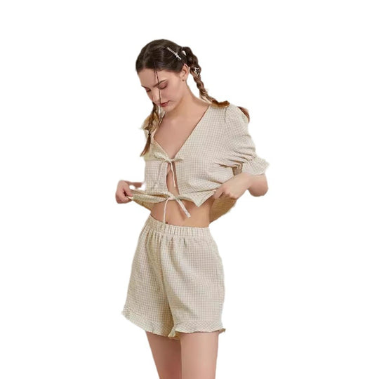 Damen Kurzschlafanzug Set mit Rüschen-Details EB