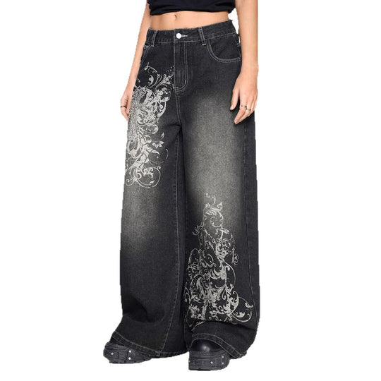 Damen Weite Denim-Hose mit auffälligem grafischem Druck EB