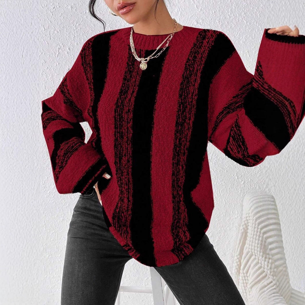 Damen Grober Strickpullover mit auffälligem Streifenmuster und lockerer Passform EB