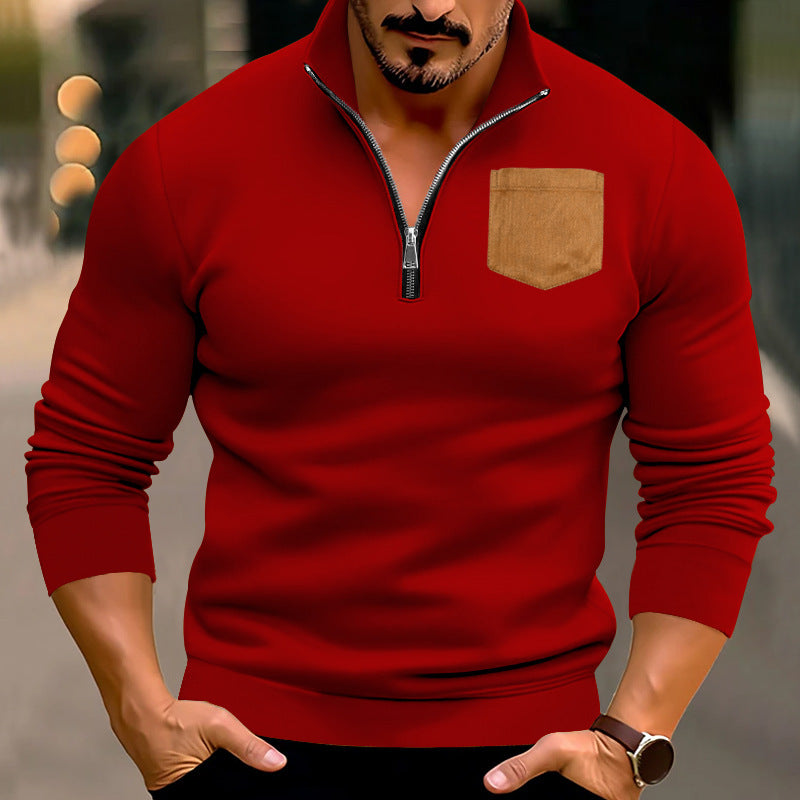 Herren modischer Pullover mit halbem Reißverschluss und kontrastierender Brusttasche EB