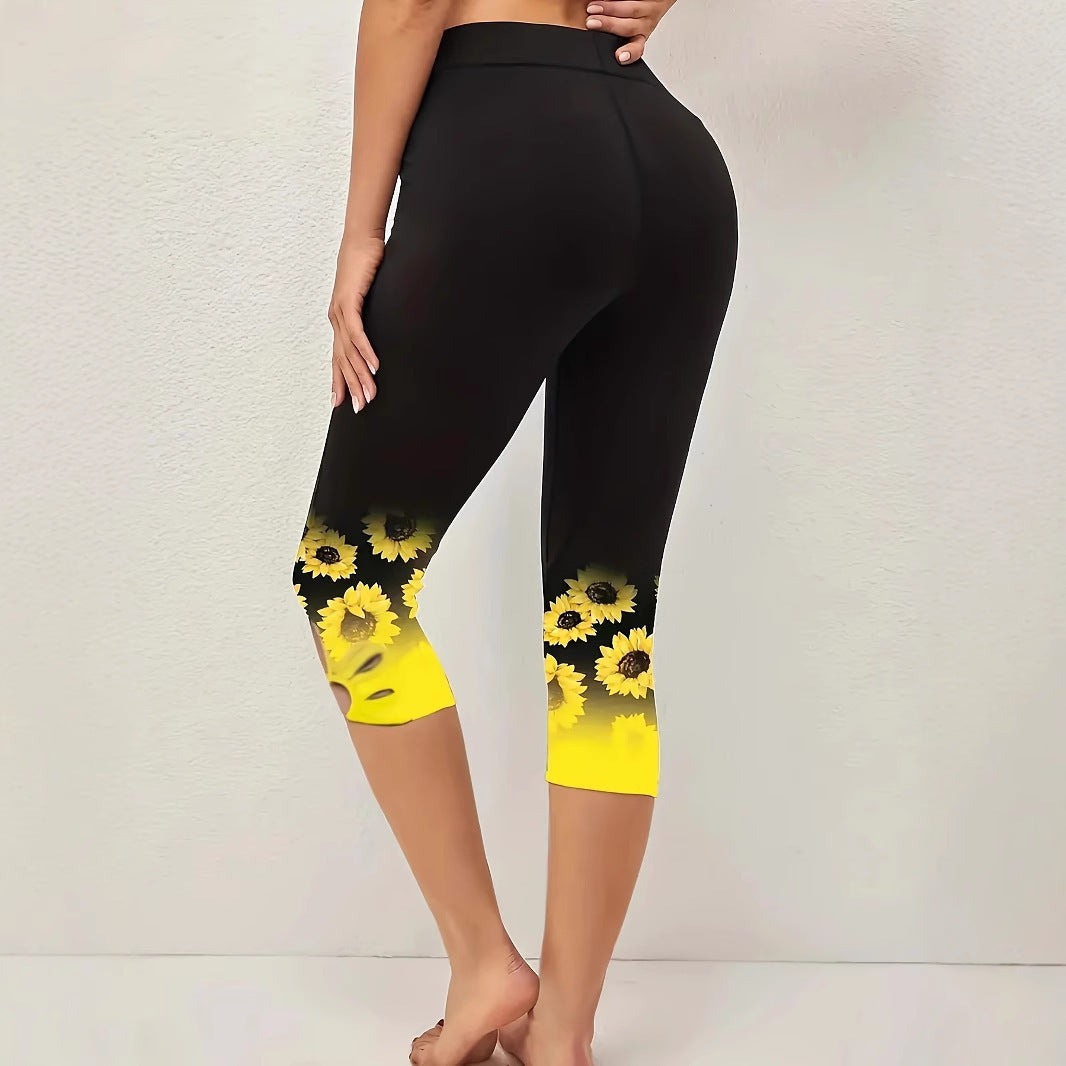 Damen Capri-Leggings mit einzigartigem Sonnenblumen-Design und hohem Bund EB