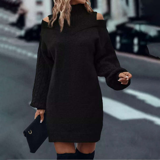 Damen Strickkleid mit kaltem Schulterdesign und Zopfmuster EB