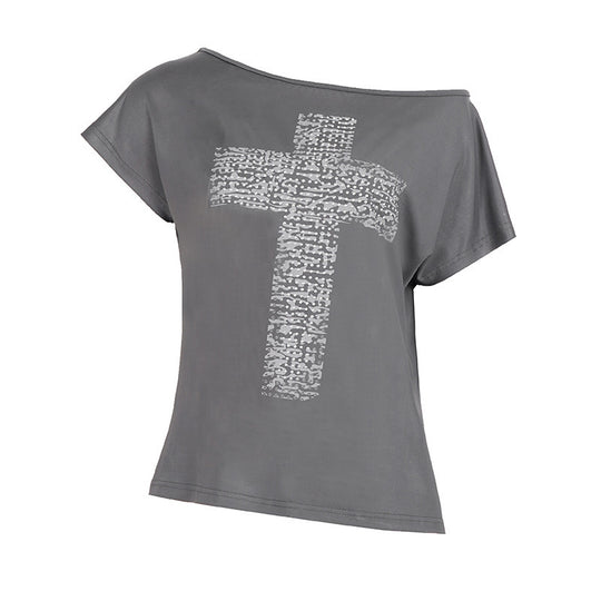 Damen Off-Shoulder Shirt mit Kreuzmotiv EB