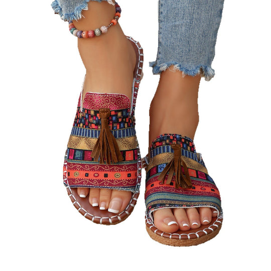 Damen Casual Slip-On Sandalen mit buntem Webdesign und Quasten EB