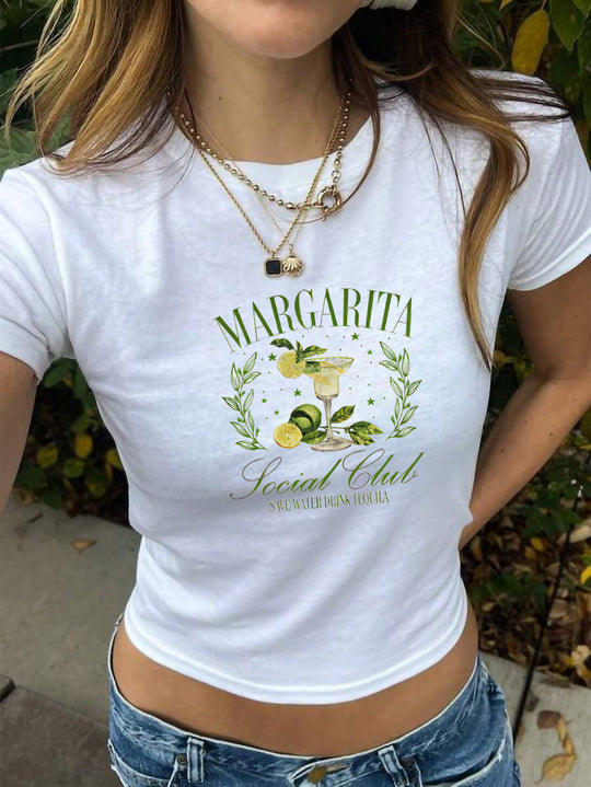 Damen Crop-T-Shirt mit kreativem Cocktail-Design EB
