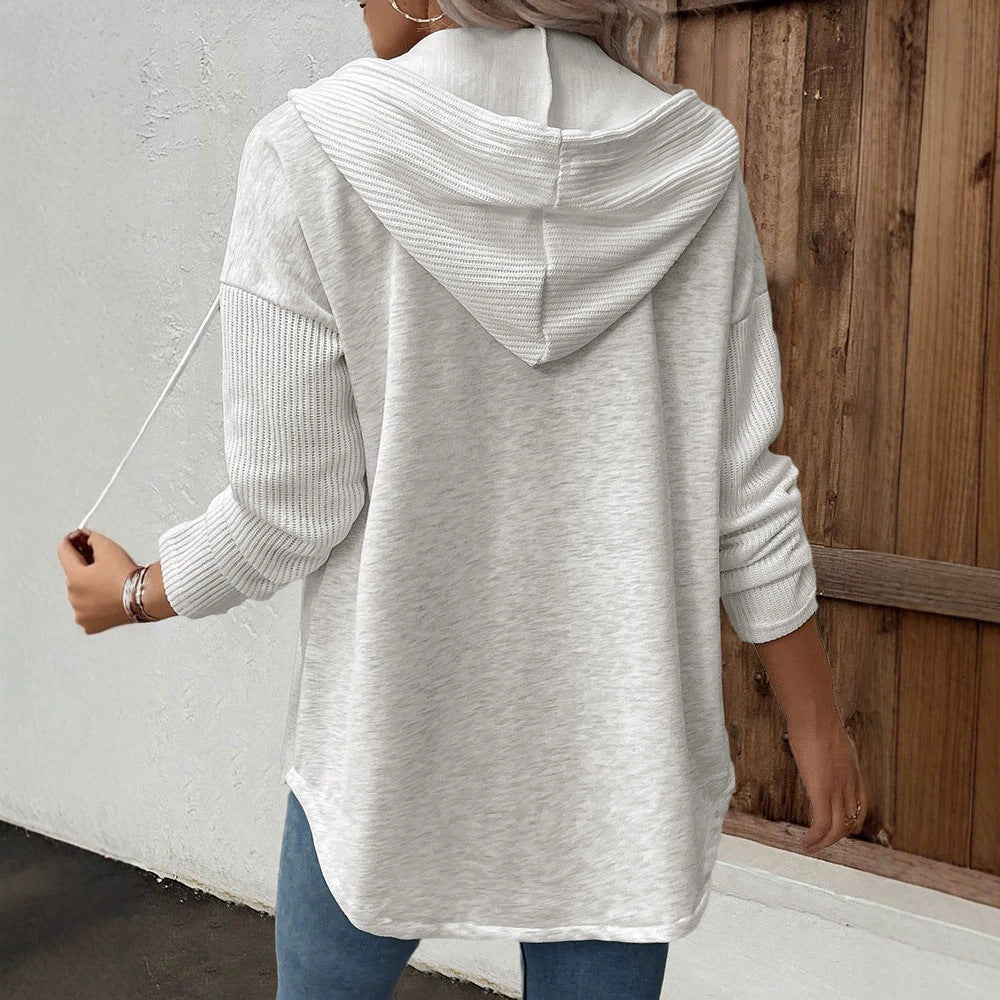 Damen Kapuzencardigan mit Knopfleiste, kontrastierenden Rippärmeln und lässiger Longline-Silhouette EB