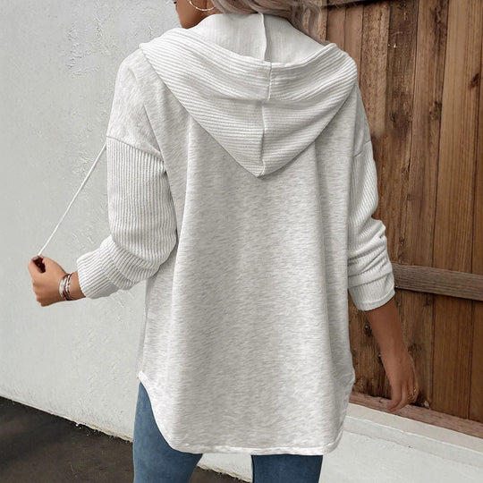 Damen Kapuzencardigan mit Knopfleiste, kontrastierenden Rippärmeln und lässiger Longline-Silhouette EB