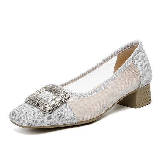 Damen Elegante Ballerinas mit modischem Schmuckdetail und komfortablem Blockabsatz EB