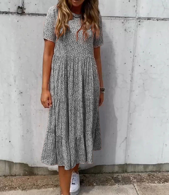Damen nan geblümtes gekrepptes Midikleid mit geraffter Empire-Taille, kurzen Ärmeln und stufigem Volantrock EB