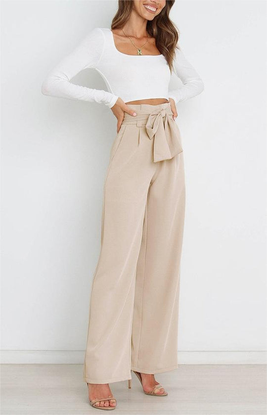 Damen Weite High-Waist Paperbag-Hose mit Bundfalten und Bindegürtel EB