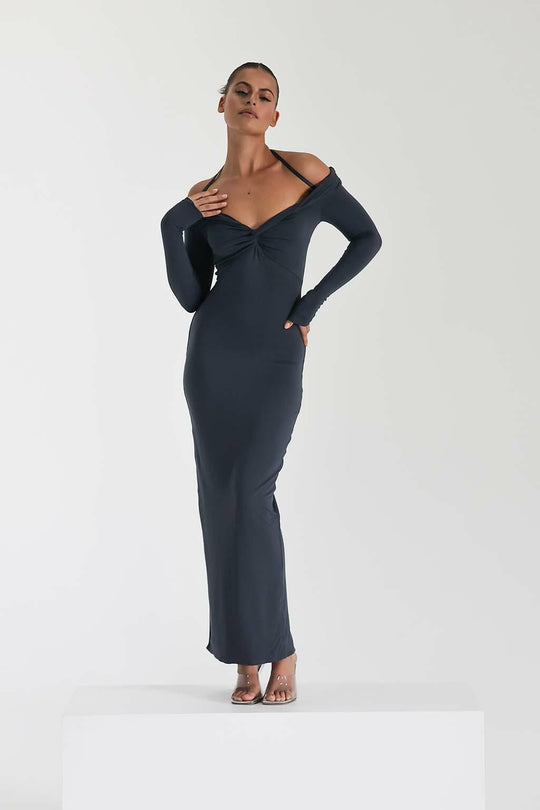 Damen Maxi-Kleid mit Off-Shoulder Design und elegantem Schlitz EB