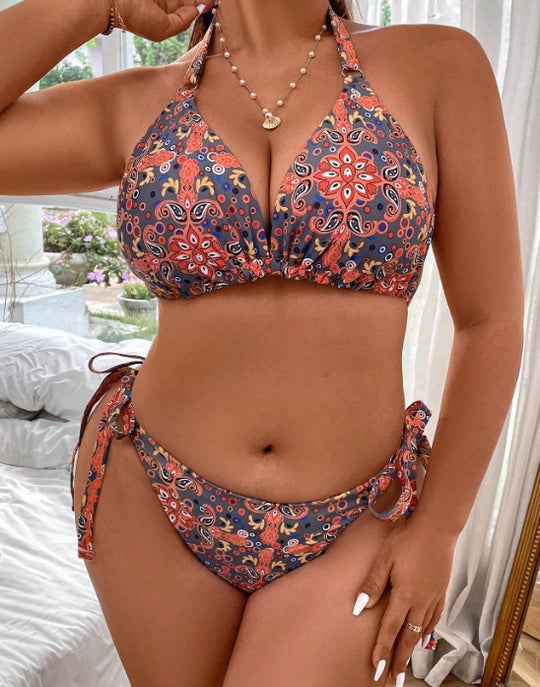 Damen Dreieck-Bikini mit buntem Muster und knotenförmigen Bindebändern EB