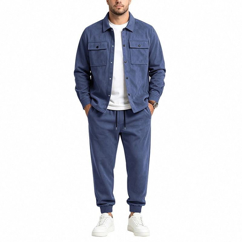 Herren nan Velours-Lounge-Set mit Overshirt, aufgesetzten Brusttaschen und tapered Jogginghose EB