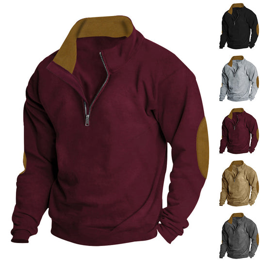 Herren nan Kurzzip-Stehkragenpullover mit Kontrastkragen und Wildleder-Ellenbogenpatches EB