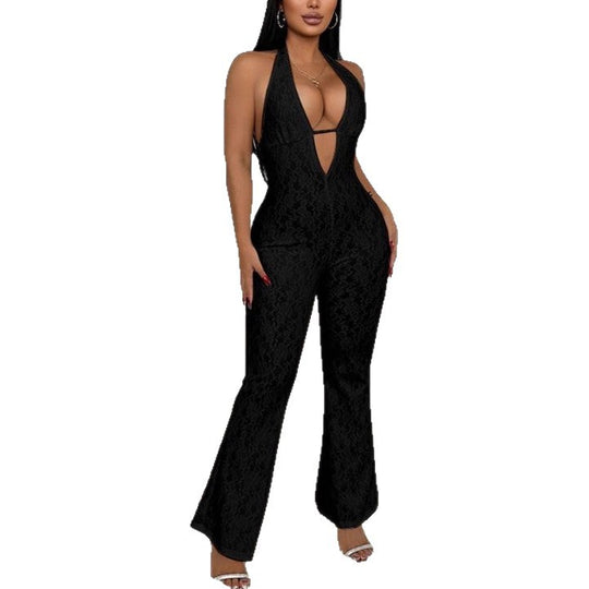 Damen eleganter Jumpsuit mit tiefem V-Ausschnitt und Spitzendetails EB