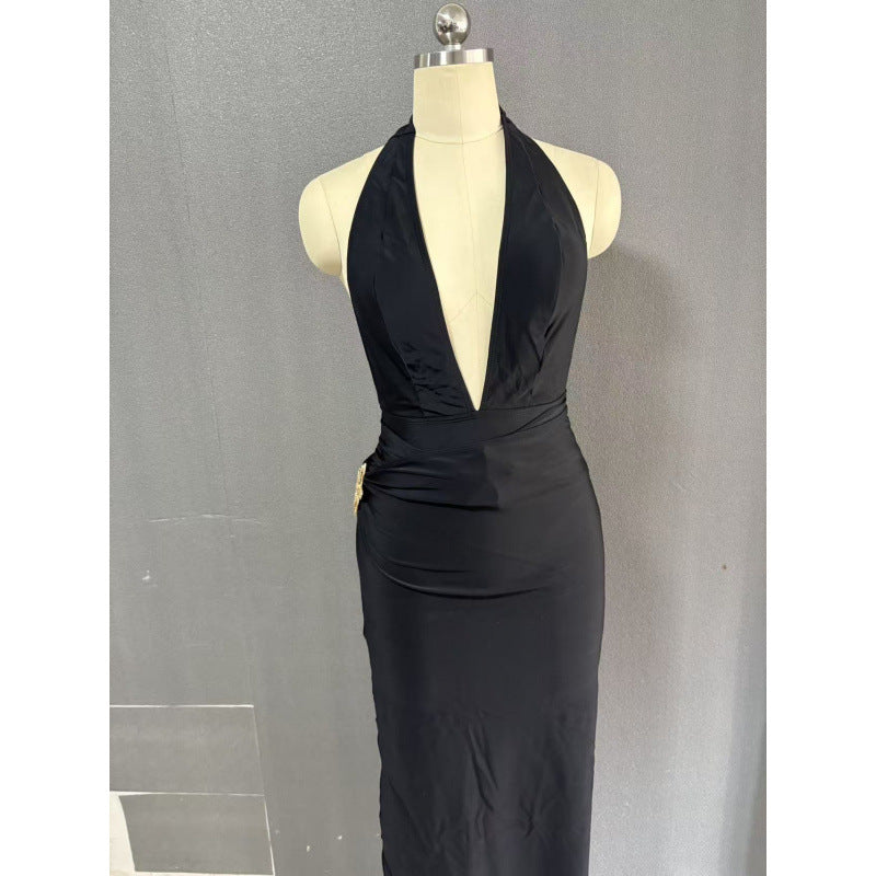 Damen elegantes Maxikleid mit tiefem V-Ausschnitt und figurbetonender Silhouette EB