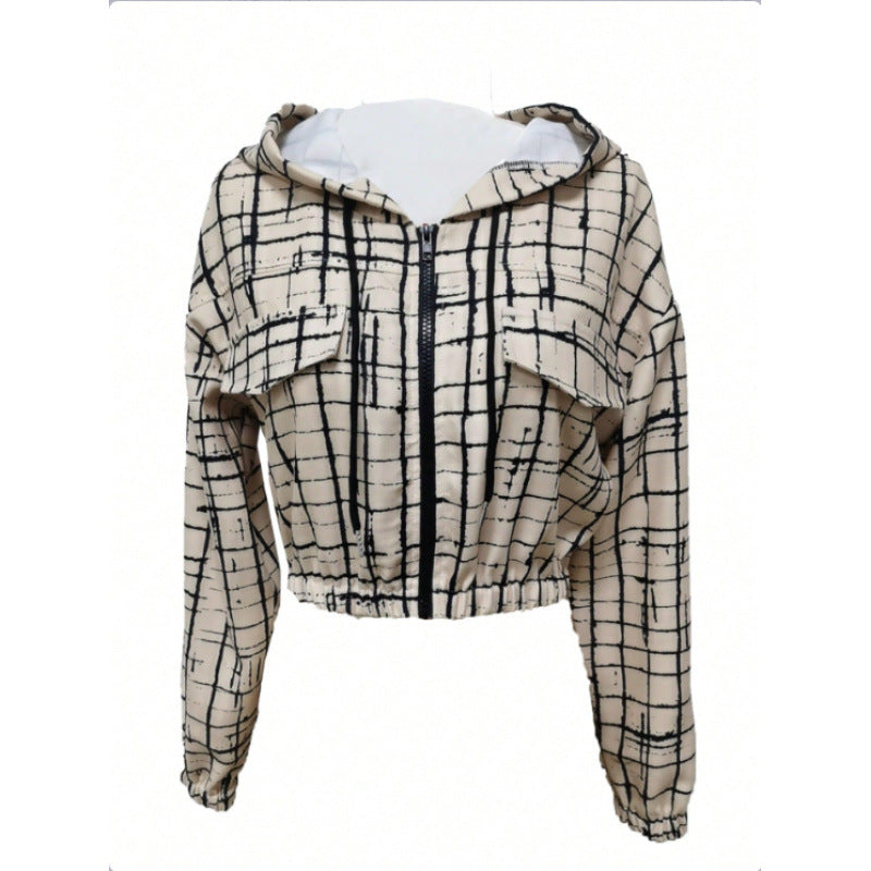 Damen stylische kurz geschnittene Jacke mit geometrischem Muster und moderner Kängurutasche EB