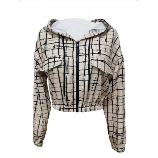 Damen stylische kurz geschnittene Jacke mit geometrischem Muster und moderner Kängurutasche EB
