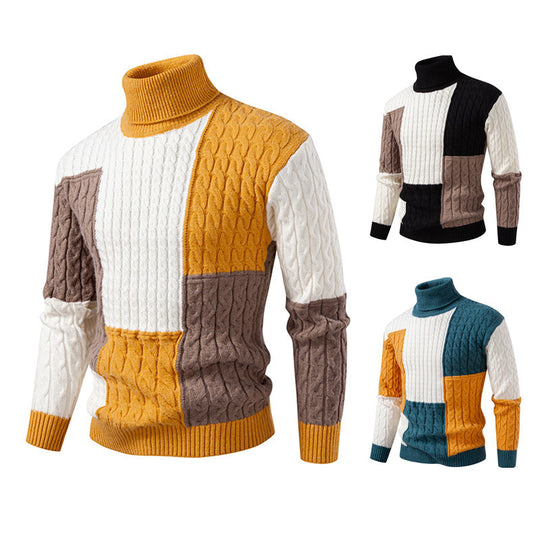 Herren hochabschließend gestrickter Pullover mit modernem Zopfmuster und attraktiven Farbblöcken EB