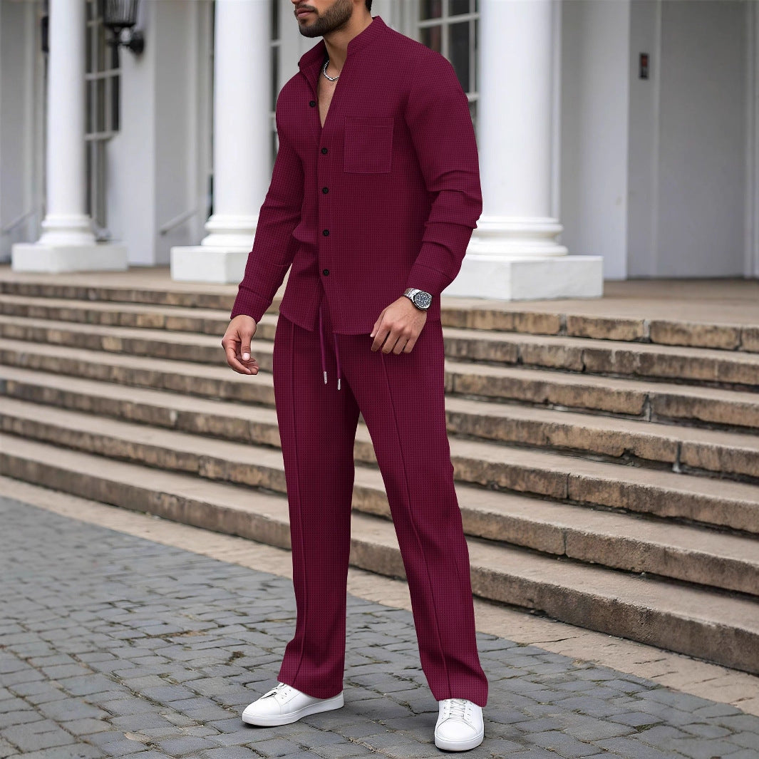 Herren nan lässiges Hemd-Hose Lounge-Set aus strukturiertem Baumwollmischgewebe EB