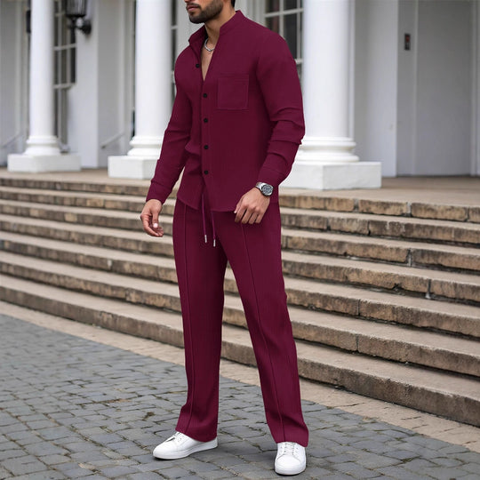 Herren nan lässiges Hemd-Hose Lounge-Set aus strukturiertem Baumwollmischgewebe EB
