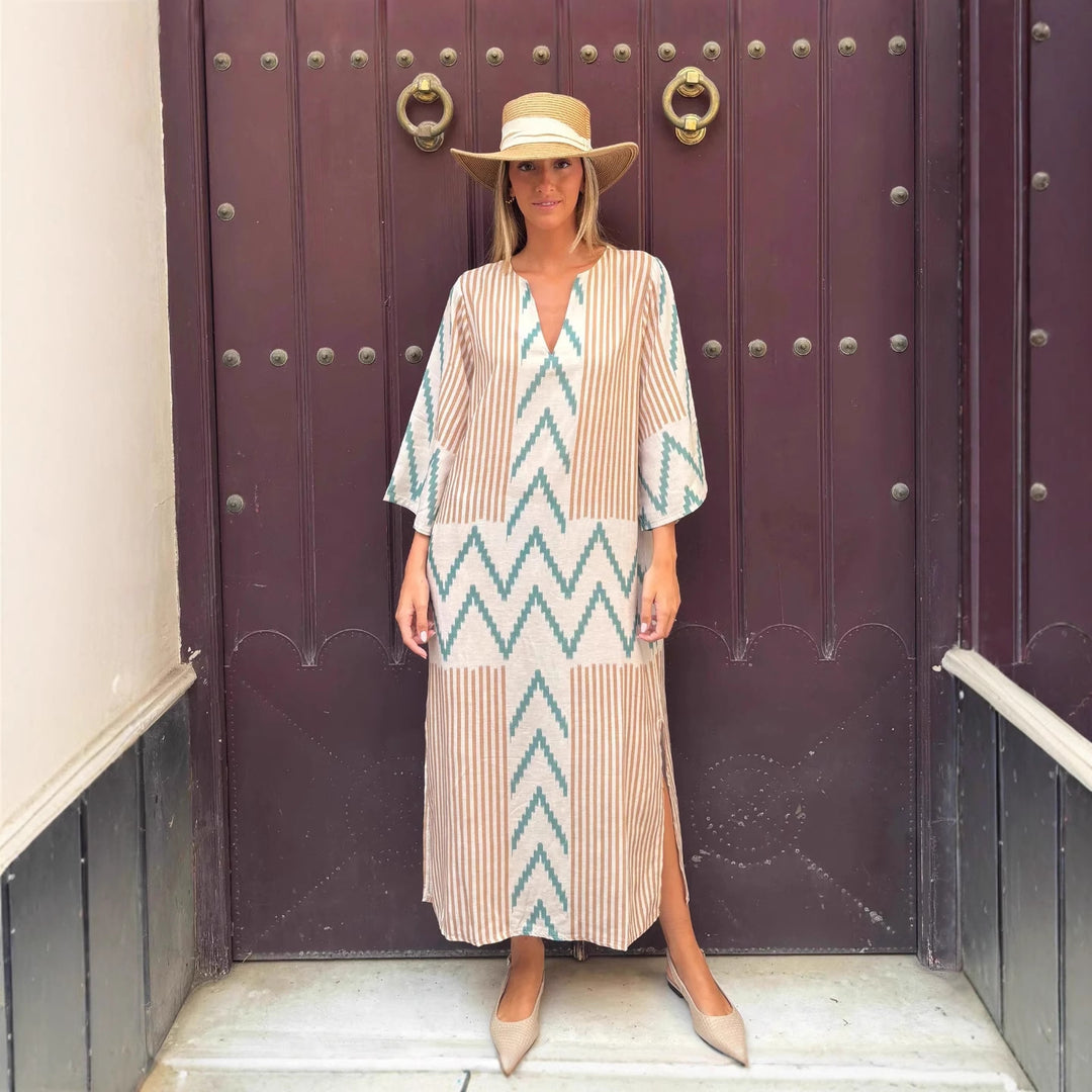 Damen Lässiges Maxikleid mit modernem Grafikdruck und seitlichen Schlitzen EB