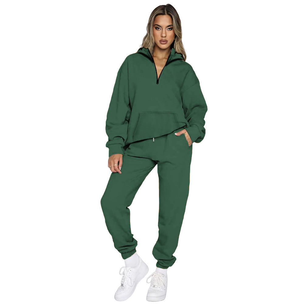 Damen gemütlicher Two-Piece Sweatsuit mit halbem Reißverschluss und praktischen Taschen EB