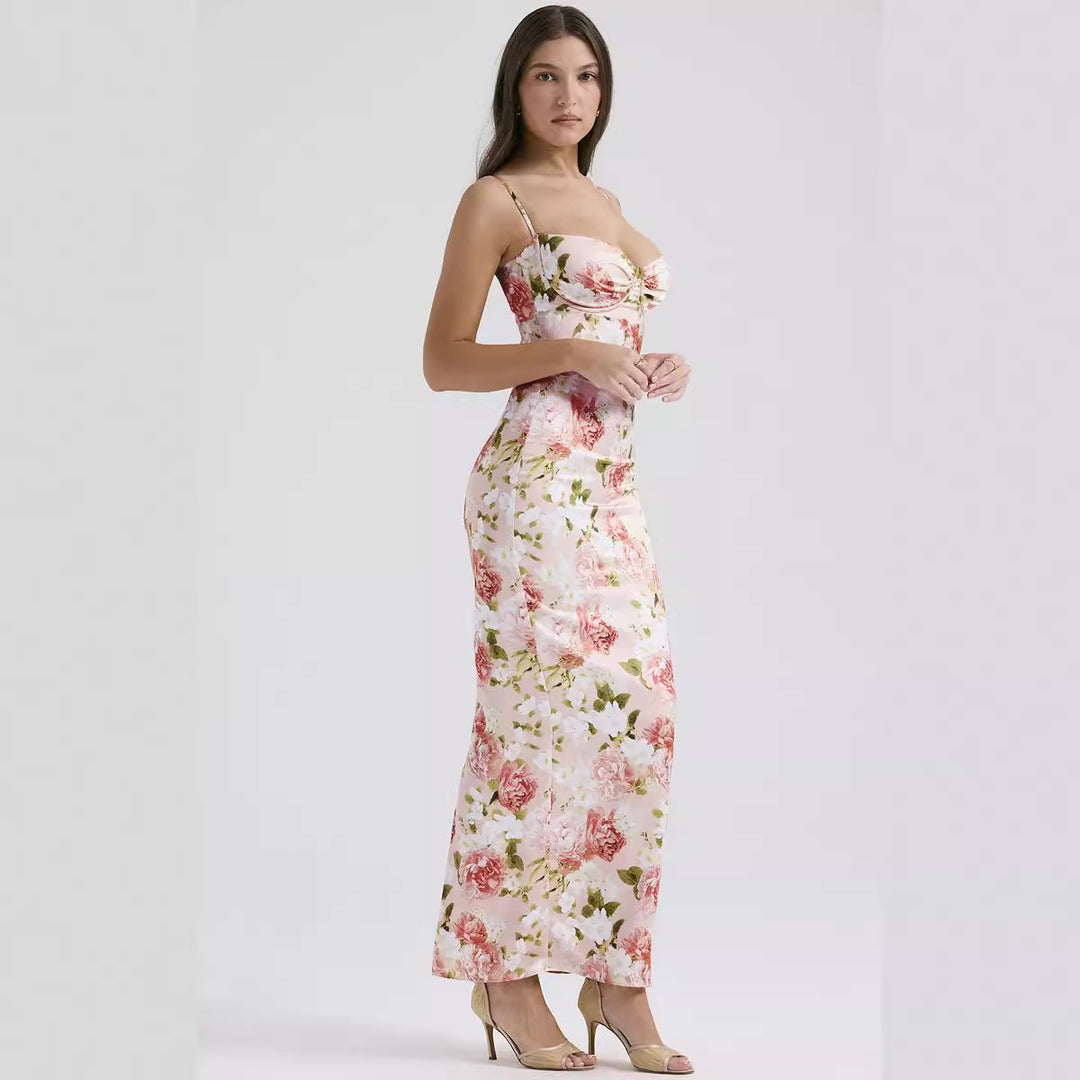 Damen Körperbetontes Maxikleid mit floralen Akzenten und verstellbaren Spaghettiträgern EB